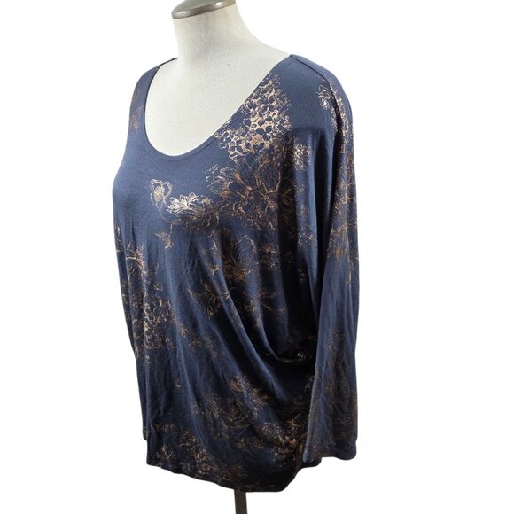 Kim & Cami Womens XL Gray Metallic Gold Floral Top Rayon Stretch Batwing Dolman - Picture 4 of 7